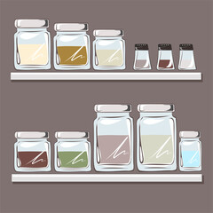 Glass jars for spices, cereals, seasonings, bulk products, sugar. Realistic glass image. Table setting. Organization of storage in the kitchen. Set of dishes. Isolated vector objects.