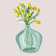 Tulips in a glass or clay vase. Decoration of the interior with plants. Home comfort. Nature, flowers. Isolated vector objects.