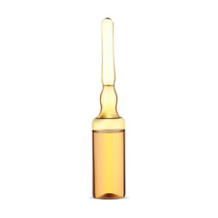 Glass ampule. Medicine vaccine ampoule, drug phial. Serum dose injection container, realistic antibiotic vial. Pharmacology packaging treatment, virus protective antidote
