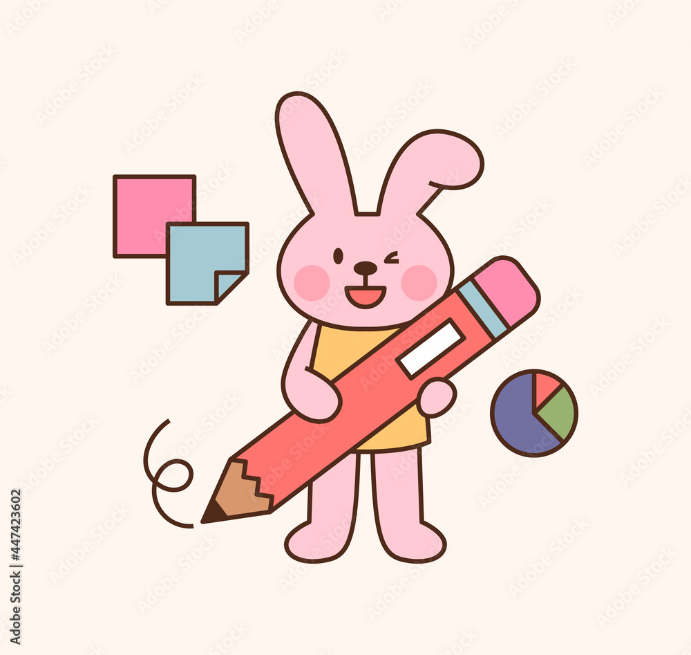 Poster cute rabbit student character. a rabbit is standing with a large pencil. outline simple vector illus