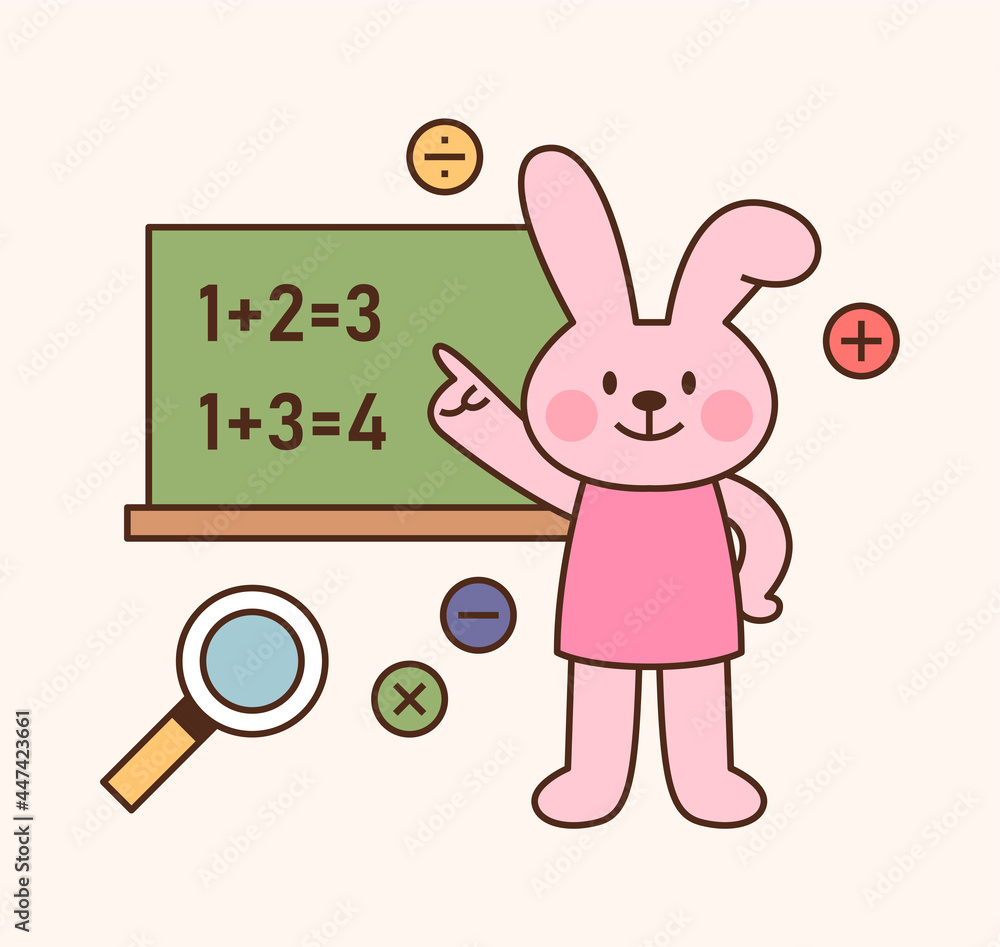 Poster cute rabbit student character. the rabbit is solving a math problem on the blackboard. outline simpl