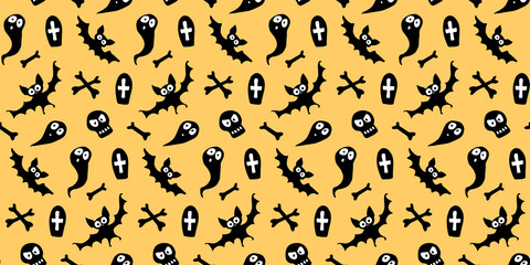 Happy Halloween-seamless pattern with set of characters-bats, ghosts, skulls and bones. Textured background for greeting card, invitation, party poster, banner.