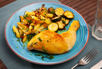 Image of tasty baked chicken potatoes and zucchini at plate, nobody