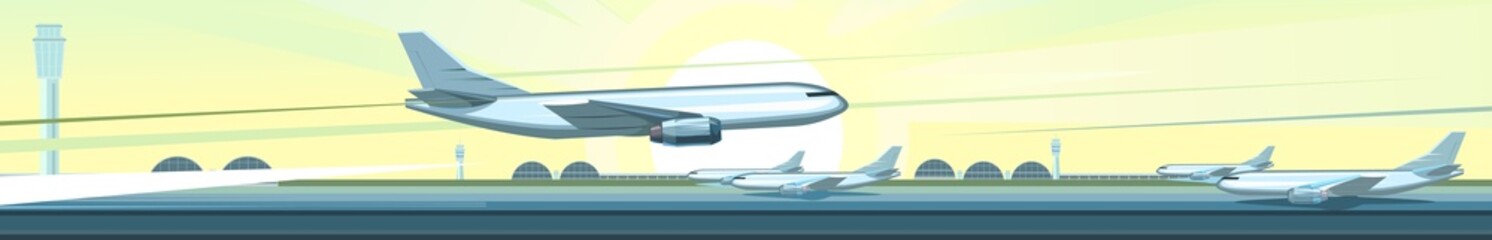 The passenger plane takes off. Airport outside. Runway. Towers and hangars. Against the background of the morning sky with a bright sun. The beginning of a tourist trip. Illustration vector