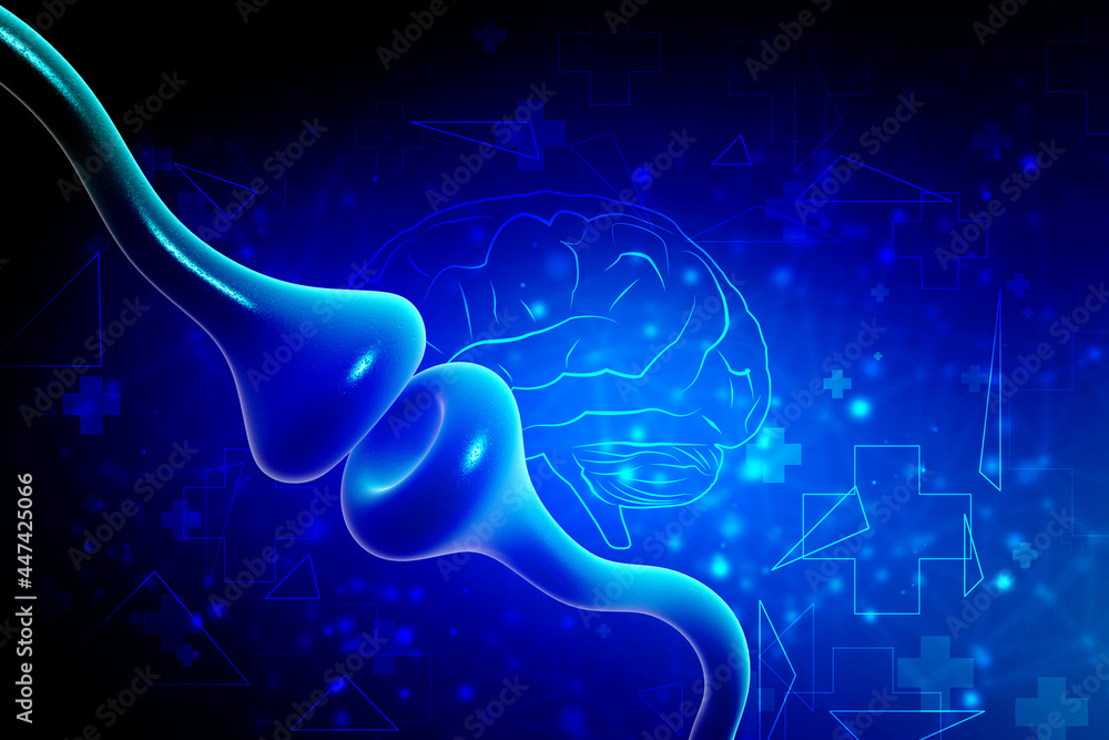 Poster synapse and neuron cells sending electrical chemical signals. 3d rendering