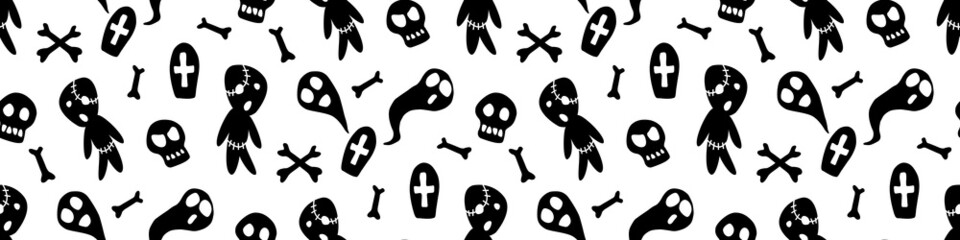 Happy Halloween-seamless pattern with set of characters-zombies, ghosts, skulls and bones. Textured background for greeting card, invitation, party poster, banner.