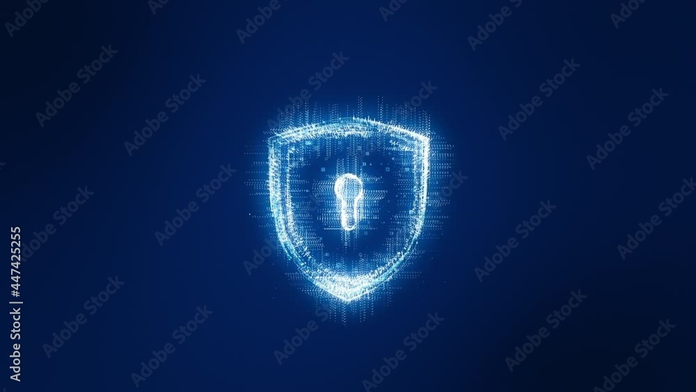 Poster motion graphic of blue particle shield logo with digital futuristic technology circle rotation and l