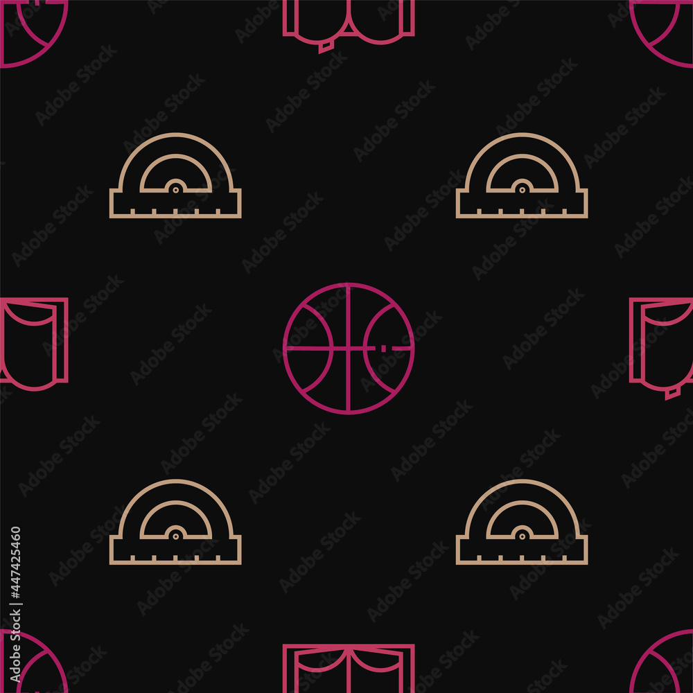 Poster set line open book, protractor and basketball ball on seamless pattern. vector