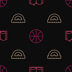 Set line Open book, Protractor and Basketball ball on seamless pattern. Vector