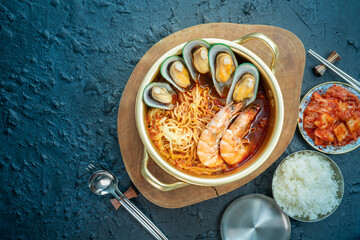 jamppong, Spicy mixed-up seafood noodle soup, Korean noodle soup with red spicy seafood, rice and ...