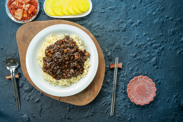Jajangmyeon , Noodles with Black Bean Sauce, Korean-Chinese noodle dish with kimchi.