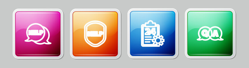 Set line Speech bubble with text Help, Shield, Checklist 24 hours service and Question and Answer. Colorful square button. Vector