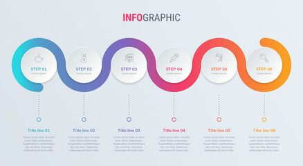 Timeline infographic design vector. 6 options, circle workflow layout. Vector infographic timeline template.
