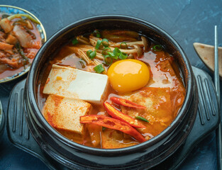 kimchi stew or kimchi soup. Korea’s national dish spicy soup with vegetable, meat, eggs, tofu served in a hot pot. Kimchi Jjigae