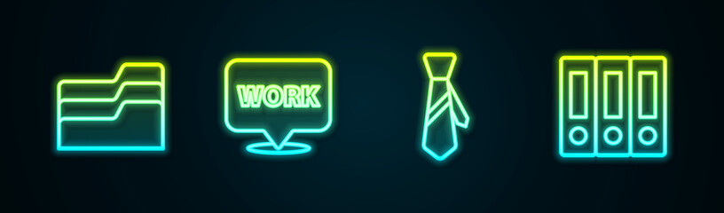 Set line Document folder, Location with text work, Tie and Office folders. Glowing neon icon. Vector