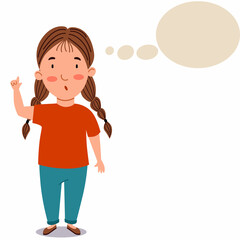 A girl with two pigtails. The child is thinking about some idea. The student thinks about it. cloud for text. Vector illustration on a white isolated background.