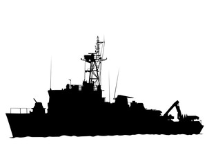 Large warship is sailing on the sea. Isolated silhouette on white background