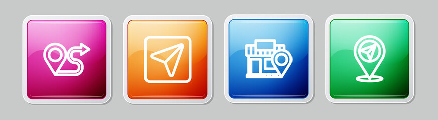 Set line Route location, Infographic of city map navigation, Location with store and . Colorful square button. Vector