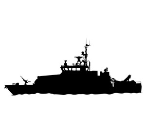 Large warship is sailing on the sea. Isolated silhouette on white background