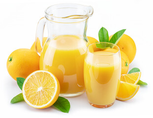 Fototapeta na wymiar Yellow orange fruits and fresh orange juice isolated on white background.