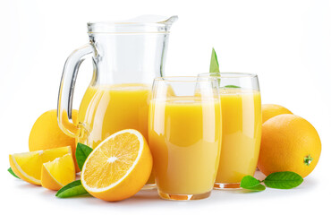 Yellow orange fruits and fresh orange juice isolated on white background.