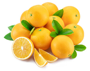 Naklejka na ściany i meble Group of fresh orange fruits and orange slices isolated on white background.