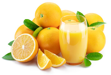 Yellow orange fruits and glass of fresh orange juice isolated on white background.