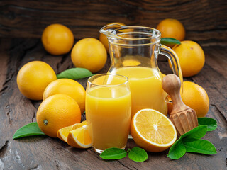 Obraz na płótnie Canvas Yellow orange fruits and fresh orange juice isolated on dark wooden background.
