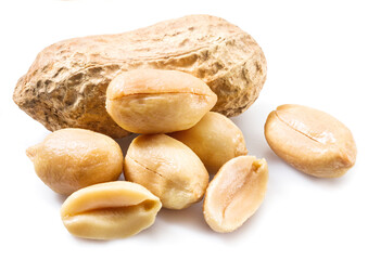 Peeled peanuts and peanut pod isolated on white background.