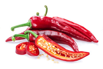 Fresh red chilli peppers and cross section of chilli pepper with seeds isolated on white background.
