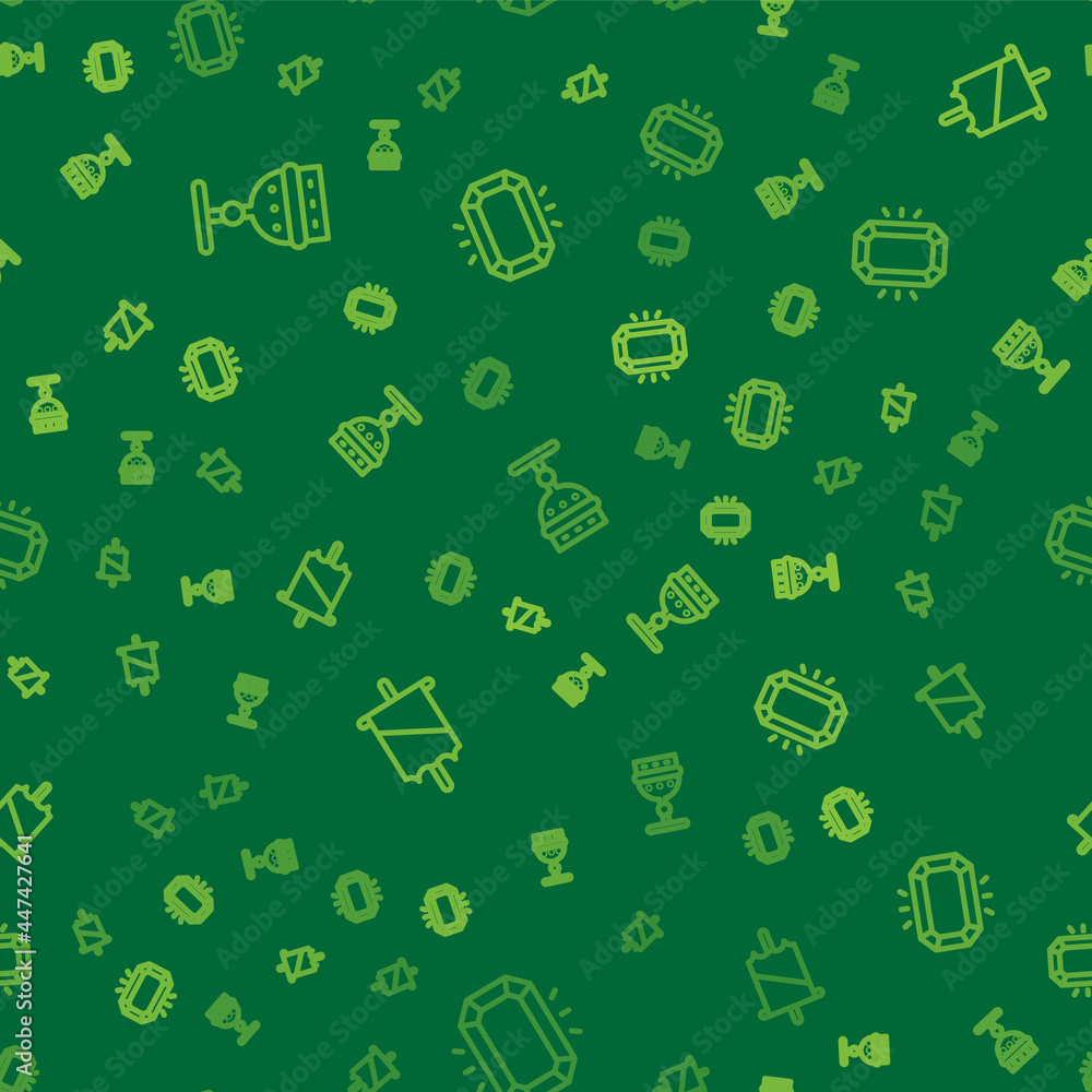 Poster set line medieval goblet, flag and diamond on seamless pattern. vector