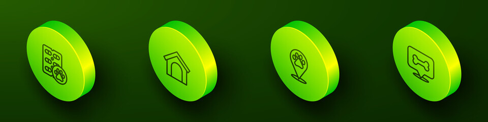Set Isometric line Dog pill, house, Location veterinary and bone icon. Vector