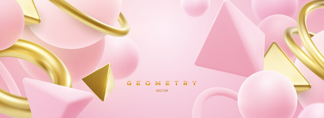 Pink and golden geometric shapes backdrop. Abstract elegant background.