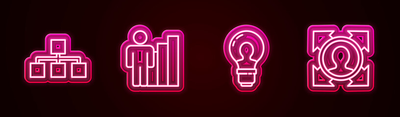 Fototapeta premium Set line Hierarchy organogram chart, Productive human, Head with lamp bulb and hunting. Glowing neon icon. Vector