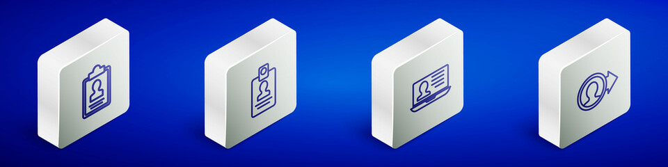Set Isometric line Clipboard with resume, Identification badge, Laptop and Create account screen icon. Vector