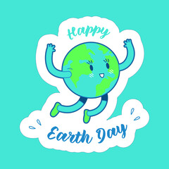 Happy Earth Day. Planet Jump Sticker on Blue Background. Modern Flat Vector Illustration. Social Media Template.