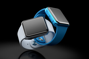 Set of smart watches with colorful straps on black background.