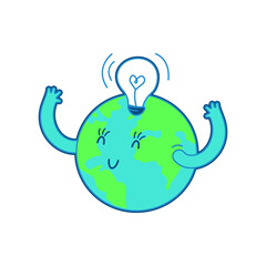 Happy Planet Earth With Light Bulb. Modern Flat Vector Illustration. Social Media Template.