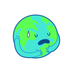 Sad Planet Earth Hold Itself. Modern Flat Vector Illustration. Social Media Template.