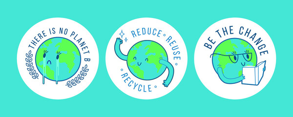 Set Planet Stickers. There is No Planet B, Reduce Reuse Recycle, Be the Change. Planet in Glasses, Wave Hello, Cry on Blue Background. Modern Flat Vector Illustration. Social Media Template.