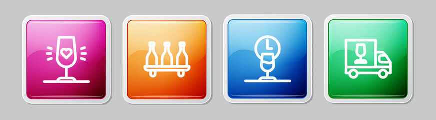 Set line Wine glass, Bottle of wine, time and truck. Colorful square button. Vector