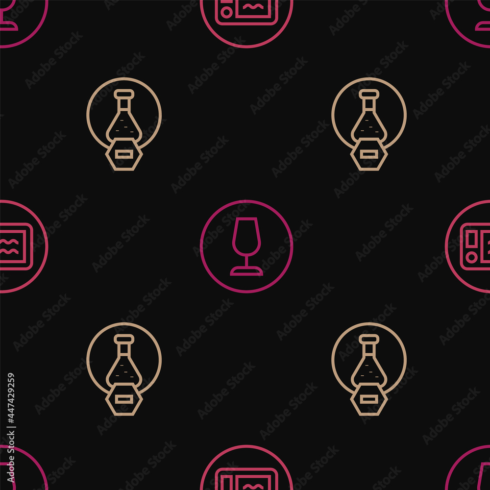Aufkleber set line microwave oven, test tube and flask and fragile broken glass on seamless pattern. vector