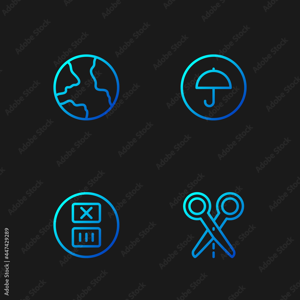 Poster set line scissors with cut line, temperature wash, worldwide and delivery package umbrella. gradient