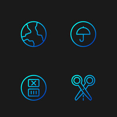 Set line Scissors with cut line, Temperature wash, Worldwide and Delivery package umbrella. Gradient color icons. Vector