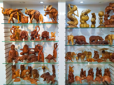 Antalya, Turkey - May 11, 2021: Wooden Gift figurs of animals at shop at Antalya, Turkey