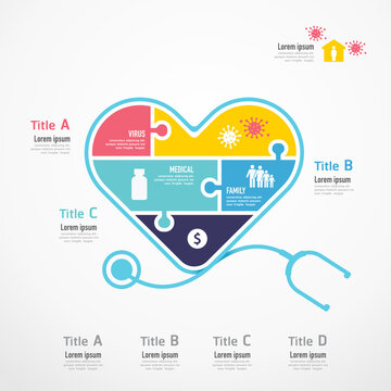 Heart stethoscope shape jigsaw banner. Concept Design infographic Template vector illustration