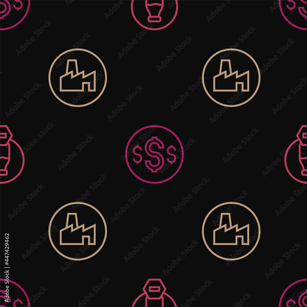 Poster set line lactose free, factory production and dollar symbol on seamless pattern. vector
