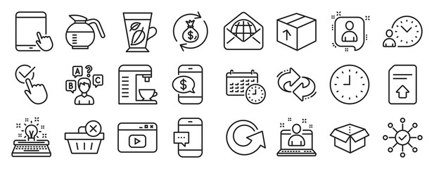 Set of line icons, such as Refresh, Checkbox, Package icons. Video content, Money exchange, Open box signs. Clock, Phone payment, Smartphone message. Coffeepot, Developers chat, Quiz test. Vector