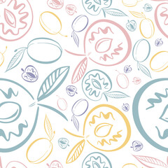 Modern seamless vector colorful pattern abstract silhouettes of summer pit fruits in pastel tones