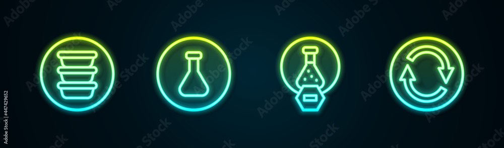 Sticker Set line Bowl, Test tube and flask, and Recycle symbol. Glowing neon icon. Vector